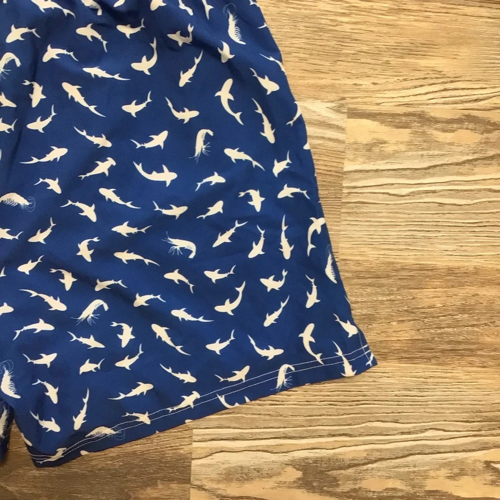 SHEIN Blue and White Shark Print Swim Trunks Built In Boxer Brief Medium